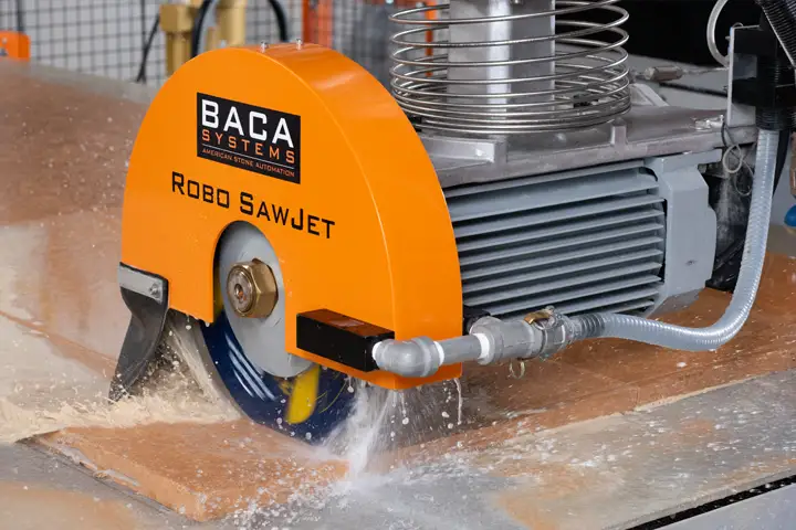 Saw blade in action cutting stone countertops
